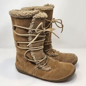 Rocket Dog Women Brown Suede Mid Calf Winter Boots Size 10 Lace Up Fleece Lined